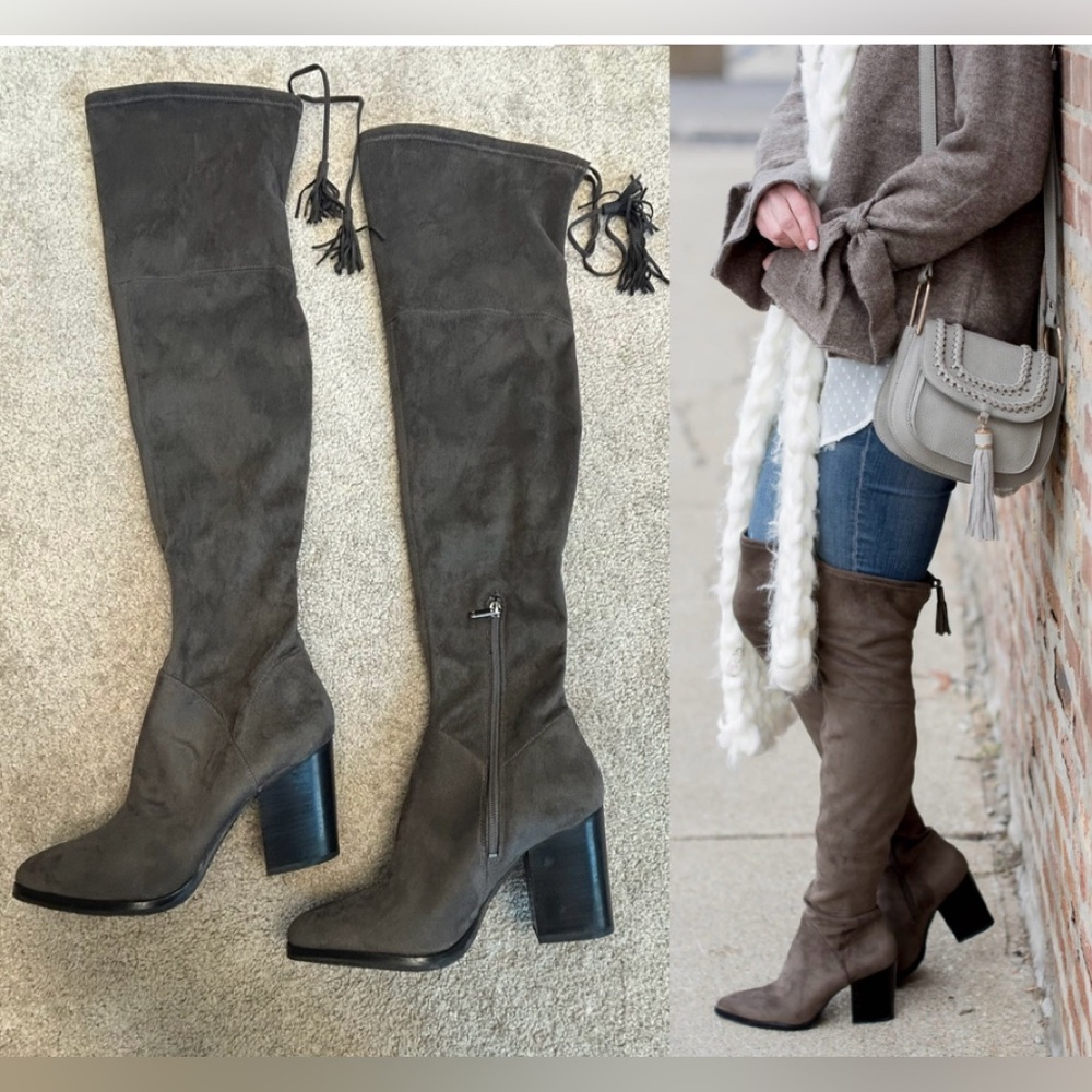 Marc Fisher gray faux suede knee-high over the knee tassel boots chunky heel 9
